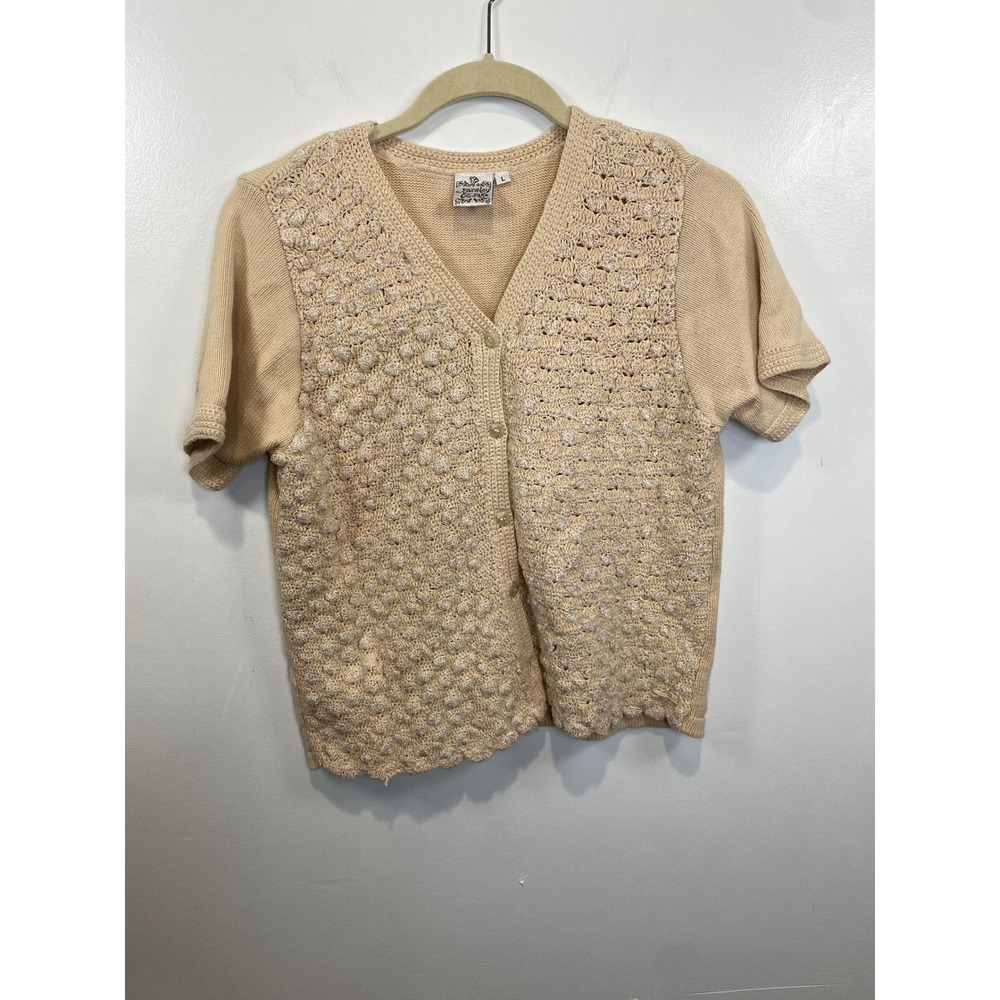 Parsley & Sage Knit Cardigan Top Crochet Button Front Short Sleeve Beige Boho L